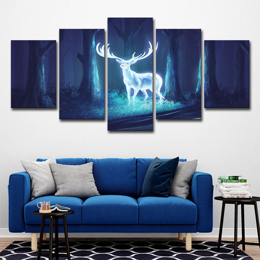 Mysterious Forest Deer Canvas Wall Art for Children Bedroom, Blue-White, Multi-Piece Blue Clearhalo 'Art Gallery' 'Canvas Art' 'Kids' Arts' 1695985