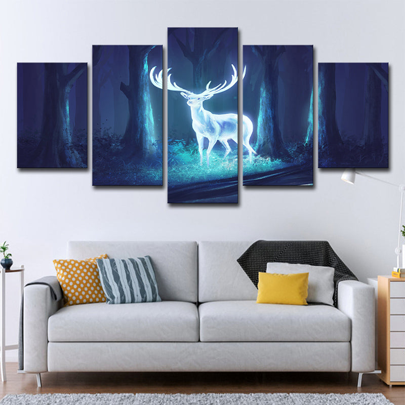 Mysterious Forest Deer Canvas Wall Art for Children Bedroom, Blue-White, Multi-Piece Clearhalo 'Art Gallery' 'Canvas Art' 'Kids' Arts' 1695986