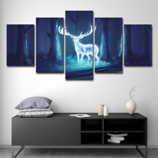 Mysterious Forest Deer Canvas Wall Art for Children Bedroom, Blue-White, Multi-Piece Clearhalo 'Art Gallery' 'Canvas Art' 'Kids' Arts' 1695987