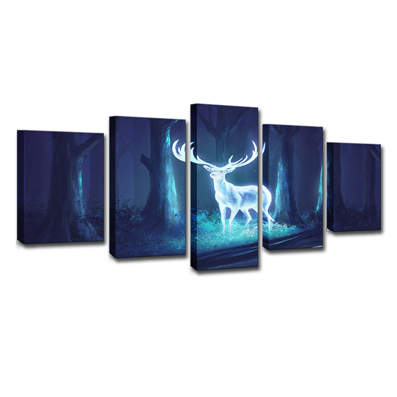 Mysterious Forest Deer Canvas Wall Art for Children Bedroom, Blue-White, Multi-Piece Clearhalo 'Art Gallery' 'Canvas Art' 'Kids' Arts' 1695988