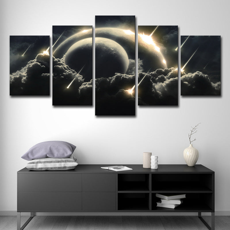 Gold Meteor Shower Canvas Dark Cloudy Planets Sci-Fi Multi-Piece Wall Art for Kids Room Clearhalo 'Art Gallery' 'Canvas Art' 'Kids' Arts' 1696075