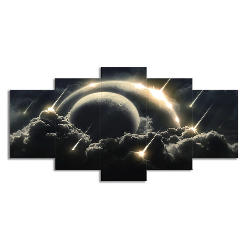 Gold Meteor Shower Canvas Dark Cloudy Planets Sci-Fi Multi-Piece Wall Art for Kids Room Clearhalo 'Art Gallery' 'Canvas Art' 'Kids' Arts' 1696077