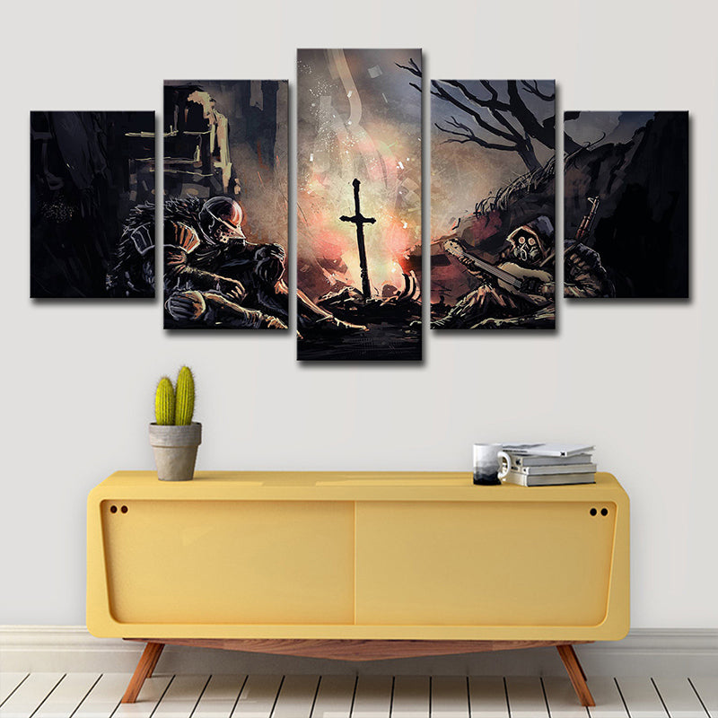 Fictional Dark Soul Soldier Canvas Living Room Wall Art Print in Brown, Multi-Piece Clearhalo 'Art Gallery' 'Canvas Art' 'Kids' Arts' 1696111