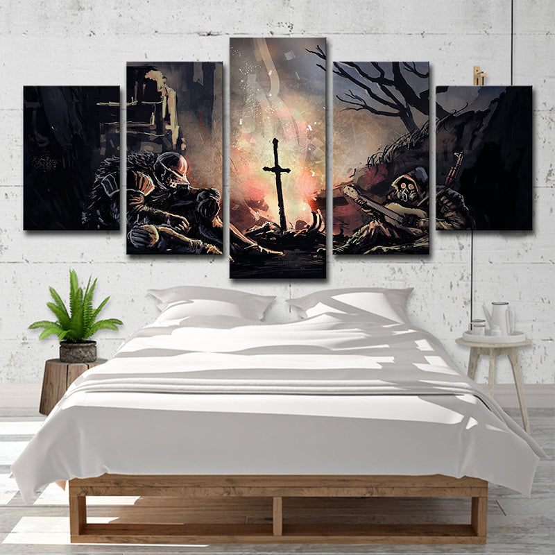 Fictional Dark Soul Soldier Canvas Living Room Wall Art Print in Brown, Multi-Piece Clearhalo 'Art Gallery' 'Canvas Art' 'Kids' Arts' 1696112
