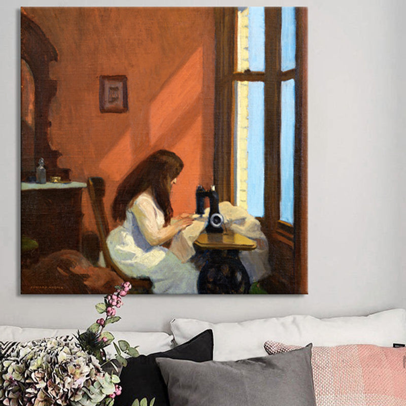 Canvas Textured Wall Art Decor Countryside A Girl at the Sewing Machine Painting in Brown Brown Clearhalo 'Art Gallery' 'Canvas Art' 'Traditional' Arts' 1696117