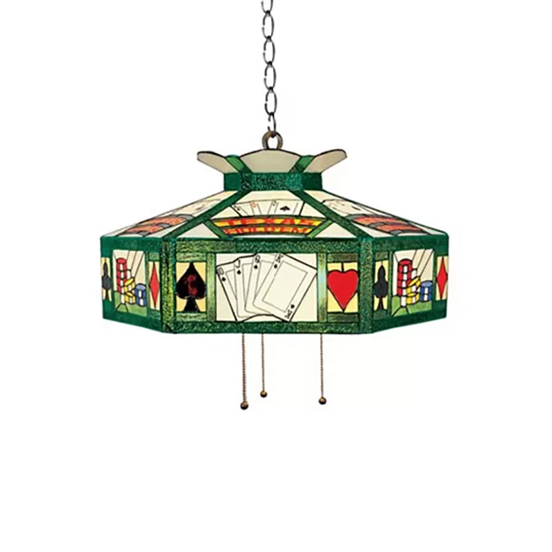 Poker Hanging Lamp Tiffany-Style 3 Bulbs White-Yellow/Green-White Handcrafted Art Glass Pendant Light Fixture, 18"/19.5" Wide Clearhalo 'Ceiling Lights' 'Chandeliers' 'Industrial' 'Middle Century Chandeliers' 'Pendant Lights' 'Tiffany Chandeliers' 'Tiffany close to ceiling' 'Tiffany' Lighting' 169612