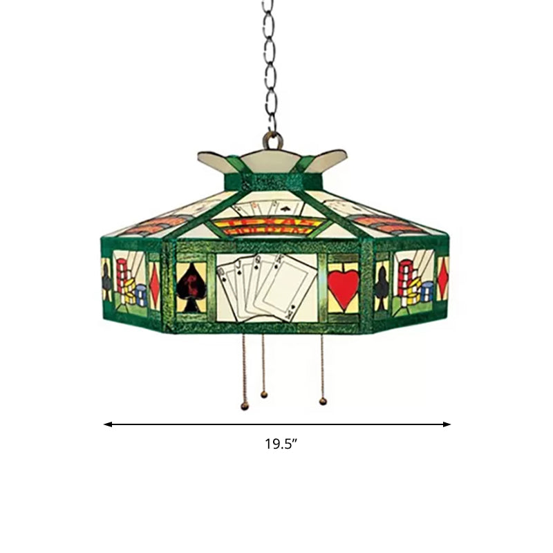 Poker Hanging Lamp Tiffany-Style 3 Bulbs White-Yellow/Green-White Handcrafted Art Glass Pendant Light Fixture, 18"/19.5" Wide Clearhalo 'Ceiling Lights' 'Chandeliers' 'Industrial' 'Middle Century Chandeliers' 'Pendant Lights' 'Tiffany Chandeliers' 'Tiffany close to ceiling' 'Tiffany' Lighting' 169613