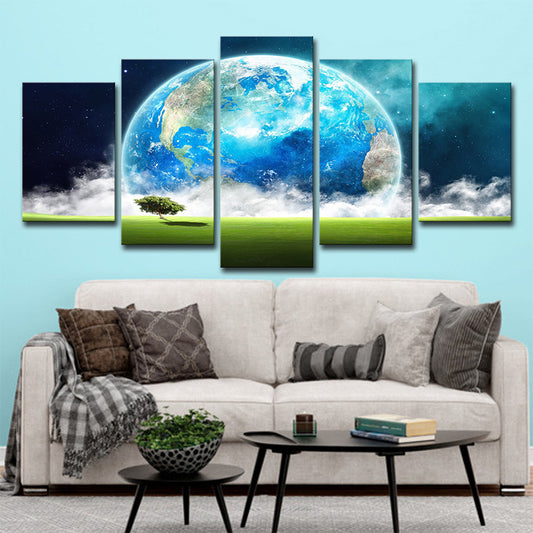 Blue Modern Canvas Print Meadow and Giant Earth View Wall Art Decor for Living Room Blue Clearhalo 'Art Gallery' 'Canvas Art' 'Contemporary Art Gallery' 'Modern' Arts' 1696131