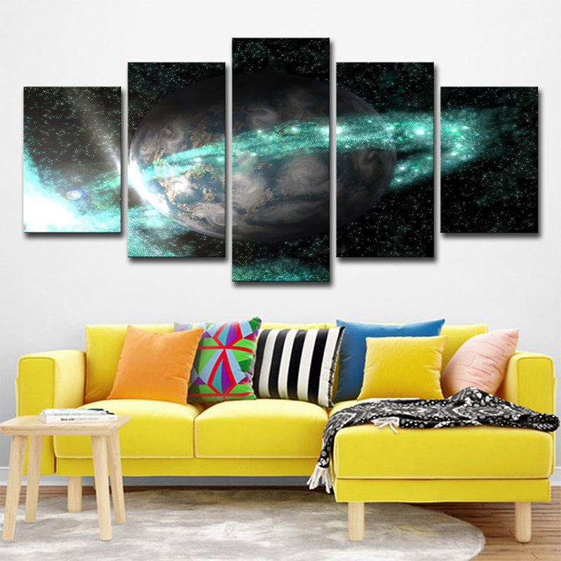 Galaxy Ringed Earth Wall Art Kids Style Canvas Wall Decor in Green and Black Clearhalo 'Art Gallery' 'Canvas Art' 'Kids' Arts' 1696154