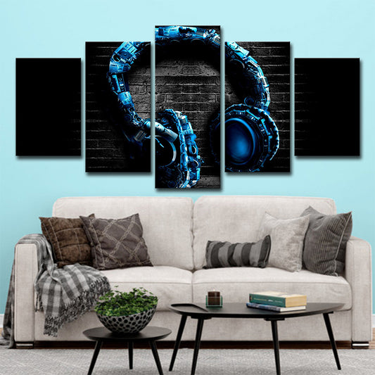 Musical Earphone Wall Art Modern Multi-Piece Canvas Print in Blue on Black for Boys Room Clearhalo 'Art Gallery' 'Canvas Art' 'Contemporary Art Gallery' 'Modern' Arts' 1696161
