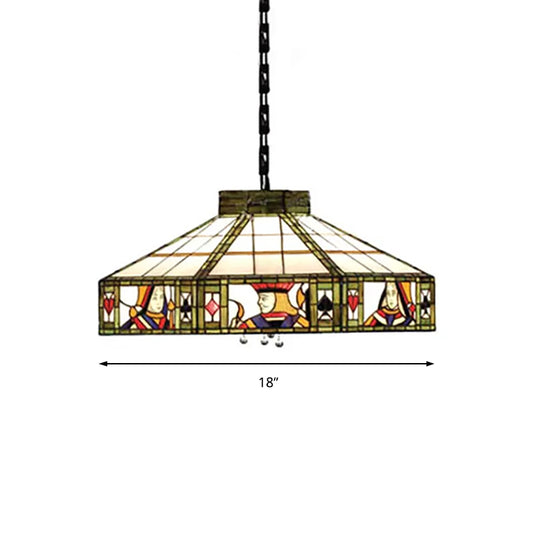 Poker Hanging Lamp Tiffany-Style 3 Bulbs White-Yellow/Green-White Handcrafted Art Glass Pendant Light Fixture, 18"/19.5" Wide Clearhalo 'Ceiling Lights' 'Chandeliers' 'Industrial' 'Middle Century Chandeliers' 'Pendant Lights' 'Tiffany Chandeliers' 'Tiffany close to ceiling' 'Tiffany' Lighting' 169616