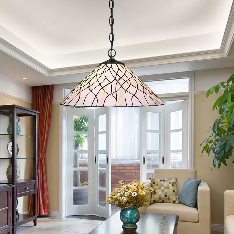 White Tapered Hanging Pendant Light Tiffany 1 Bulb 16"/18" W Stained Art Glass Ceiling Hang Fixture for Living Room White 18" Clearhalo 'Ceiling Lights' 'Industrial' 'Middle Century Pendants' 'Pendant Lights' 'Pendants' 'Tiffany close to ceiling' 'Tiffany Pendants' 'Tiffany' Lighting' 169617
