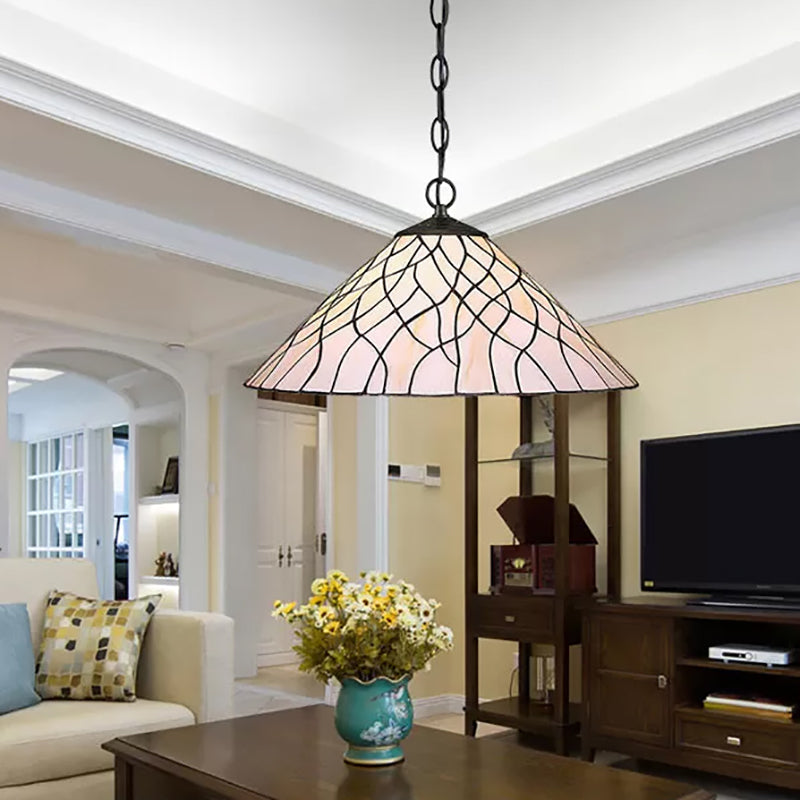 White Tapered Hanging Pendant Light Tiffany 1 Bulb 16"/18" W Stained Art Glass Ceiling Hang Fixture for Living Room White 16" Clearhalo 'Ceiling Lights' 'Industrial' 'Middle Century Pendants' 'Pendant Lights' 'Pendants' 'Tiffany close to ceiling' 'Tiffany Pendants' 'Tiffany' Lighting' 169618