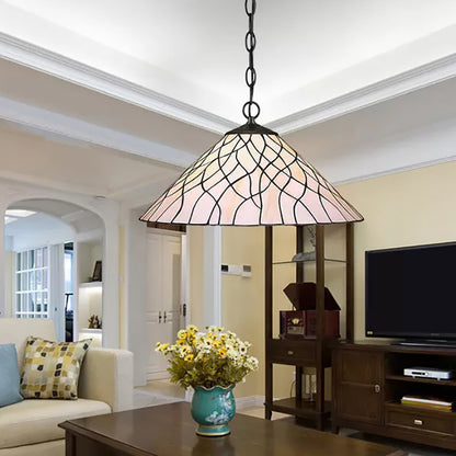 White Tapered Hanging Pendant Light Tiffany 1 Bulb 16"/18" W Stained Art Glass Ceiling Hang Fixture for Living Room White 16" Clearhalo 'Ceiling Lights' 'Industrial' 'Middle Century Pendants' 'Pendant Lights' 'Pendants' 'Tiffany close to ceiling' 'Tiffany Pendants' 'Tiffany' Lighting' 169618