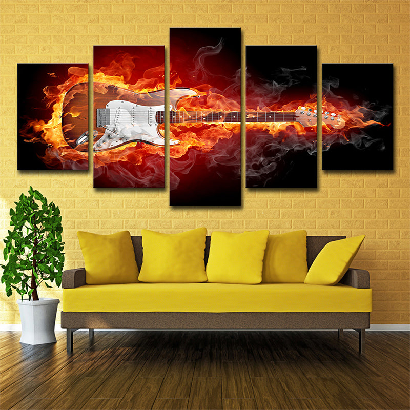 Orange Guitar on Fire Art Print Rock Music Modern Multi-Piece Canvas for Boys Room Clearhalo 'Art Gallery' 'Canvas Art' 'Contemporary Art Gallery' 'Modern' Arts' 1696181