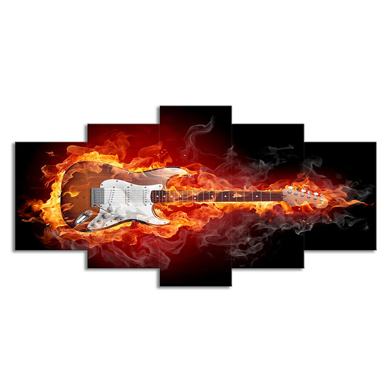 Orange Guitar on Fire Art Print Rock Music Modern Multi-Piece Canvas for Boys Room Clearhalo 'Art Gallery' 'Canvas Art' 'Contemporary Art Gallery' 'Modern' Arts' 1696183