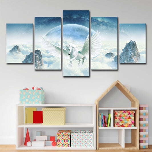 Fairy Tale Unicorn Wall Art Kids Multi-Piece Canvas Print in Blue and White Blue Clearhalo 'Art Gallery' 'Canvas Art' 'Kids' Arts' 1696187