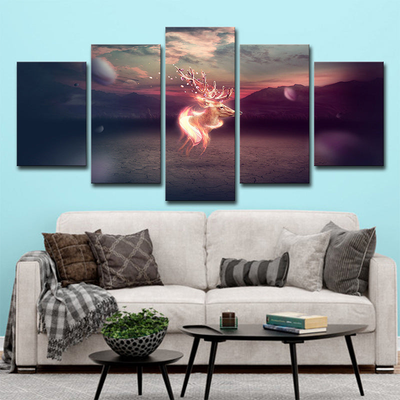 Sika Deer Canvas Kids Style Dreamy Fantasy Wall Art in Orange for Living Room Clearhalo 'Art Gallery' 'Canvas Art' 'Kids' Arts' 1696195