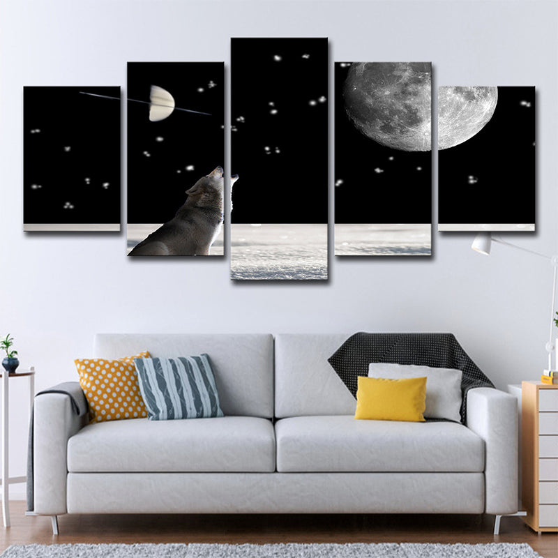 Wolf and Super Moon Art Print Living Room Cosmos Wall Decor in Black, Multi-Piece Black Clearhalo 'Art Gallery' 'Canvas Art' 'Kids' Arts' 1696201