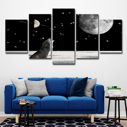 Wolf and Super Moon Art Print Living Room Cosmos Wall Decor in Black, Multi-Piece Clearhalo 'Art Gallery' 'Canvas Art' 'Kids' Arts' 1696202