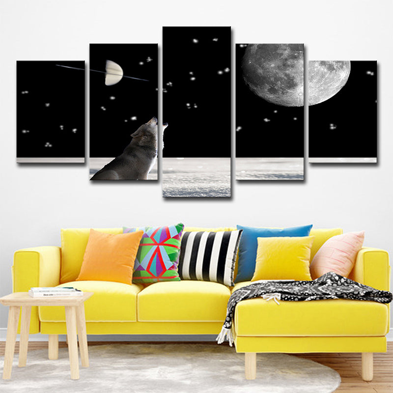 Wolf and Super Moon Art Print Living Room Cosmos Wall Decor in Black, Multi-Piece Clearhalo 'Art Gallery' 'Canvas Art' 'Kids' Arts' 1696203