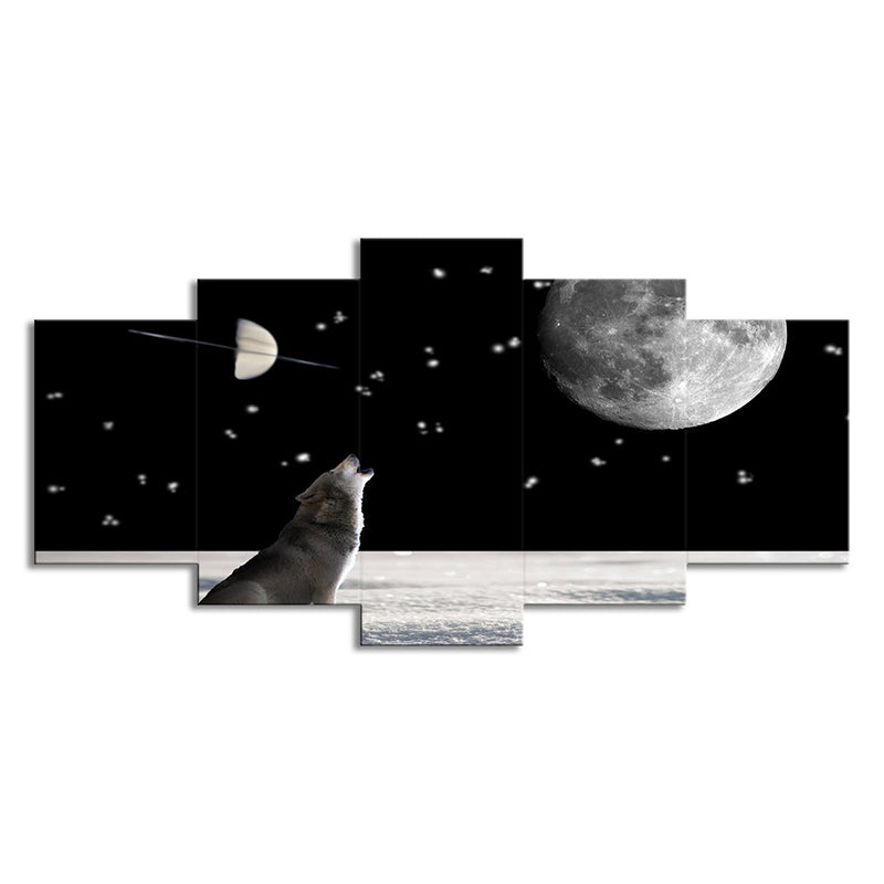 Wolf and Super Moon Art Print Living Room Cosmos Wall Decor in Black, Multi-Piece Clearhalo 'Art Gallery' 'Canvas Art' 'Kids' Arts' 1696204