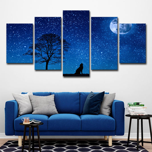 Blue Kids Wall Art Starry Moon Night Wolf Shadow Canvas Print for Living Room Blue Clearhalo 'Art Gallery' 'Canvas Art' 'Kids' Arts' 1696208