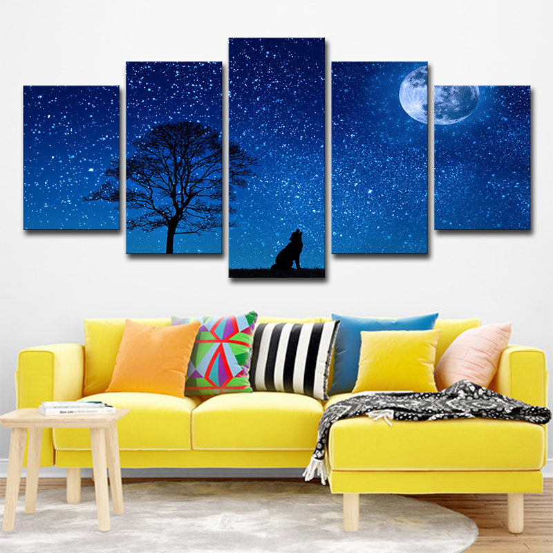 Blue Kids Wall Art Starry Moon Night Wolf Shadow Canvas Print for Living Room Clearhalo 'Art Gallery' 'Canvas Art' 'Kids' Arts' 1696209