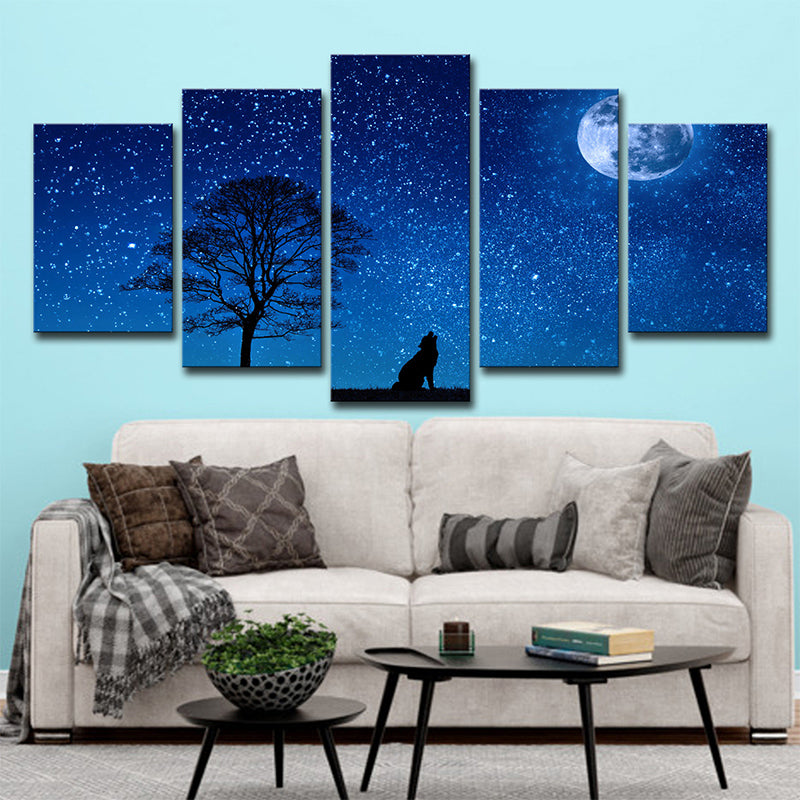 Blue Kids Wall Art Starry Moon Night Wolf Shadow Canvas Print for Living Room Clearhalo 'Art Gallery' 'Canvas Art' 'Kids' Arts' 1696210