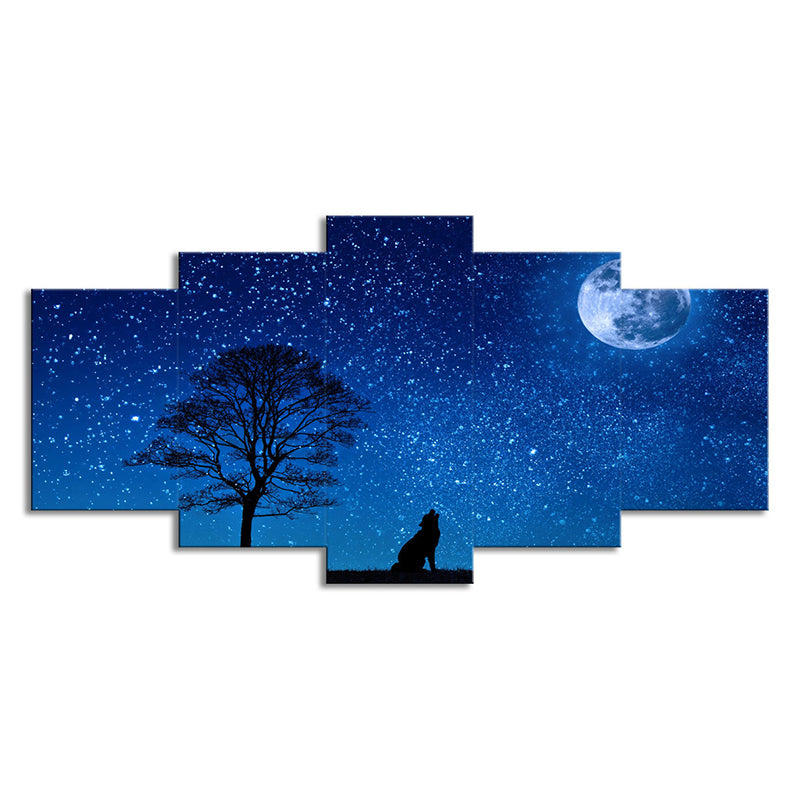 Blue Kids Wall Art Starry Moon Night Wolf Shadow Canvas Print for Living Room Clearhalo 'Art Gallery' 'Canvas Art' 'Kids' Arts' 1696211