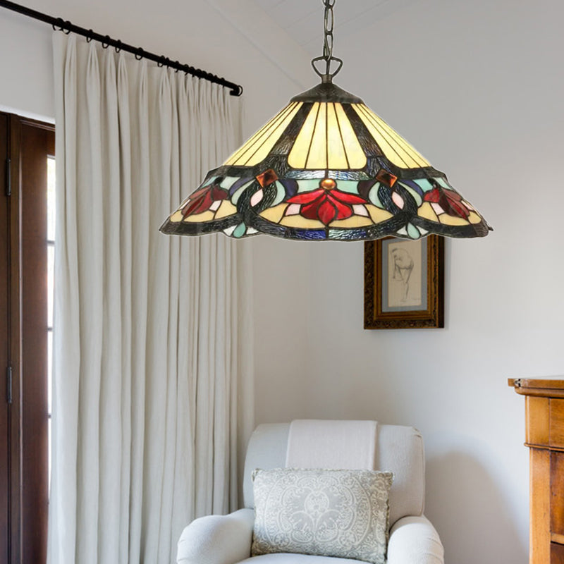 Cone/Flower Beige Handcrafted Art Glass Pendant Light Tiffany 1 Bulb Suspended Lighting Fixture for Living Room Clearhalo 'Ceiling Lights' 'Industrial' 'Middle Century Pendants' 'Pendant Lights' 'Pendants' 'Tiffany close to ceiling' 'Tiffany Pendants' 'Tiffany' Lighting' 169623