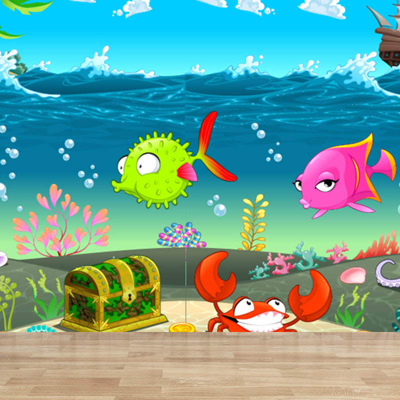 Full Size Sea Life Mural Kids Bedroom Nautical Wall Art in Soft Color, Moisture Resistant Sky Blue Clearhalo 'Wall Decor' 'Wall Mural' 1696317