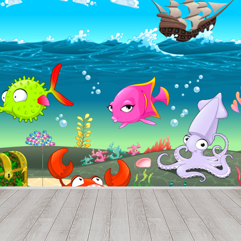 Full Size Sea Life Mural Kids Bedroom Nautical Wall Art in Soft Color, Moisture Resistant Clearhalo 'Wall Decor' 'Wall Mural' 1696318