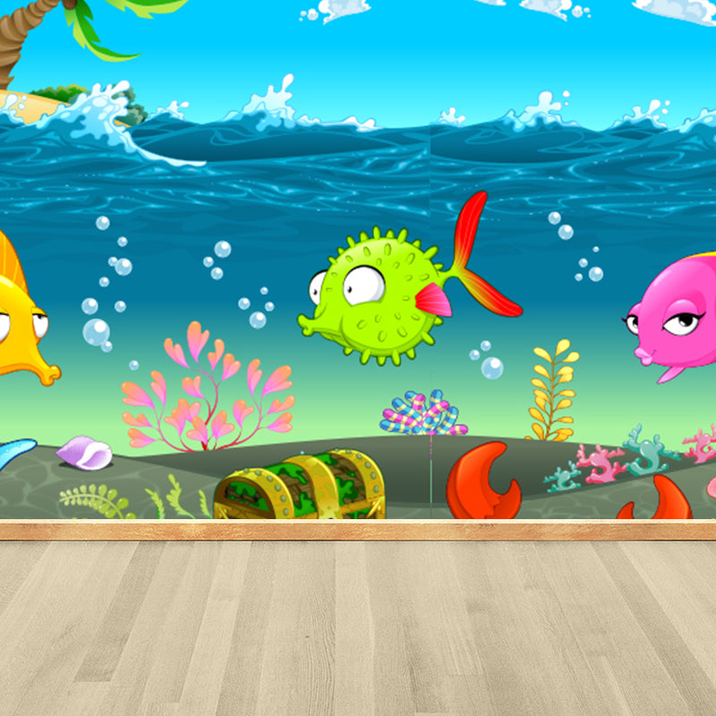 Full Size Sea Life Mural Kids Bedroom Nautical Wall Art in Soft Color, Moisture Resistant Clearhalo 'Wall Decor' 'Wall Mural' 1696319