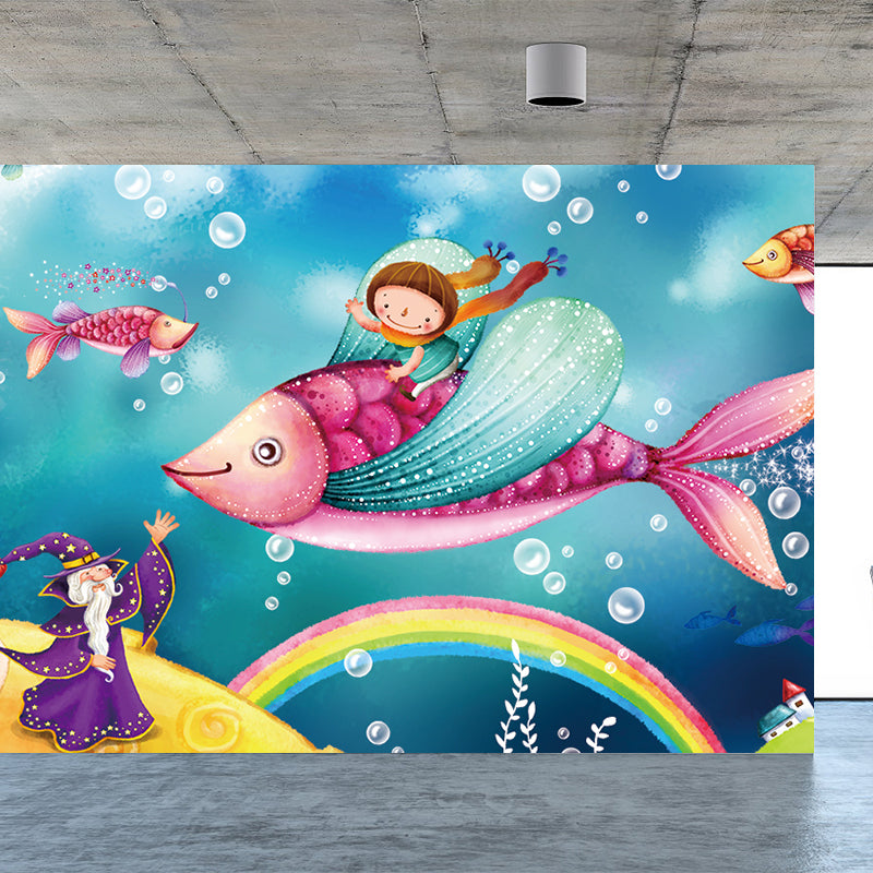 Full Size Sea Life Mural Kids Bedroom Nautical Wall Art in Soft Color, Moisture Resistant Ocean Blue Clearhalo 'Wall Decor' 'Wall Mural' 1696322