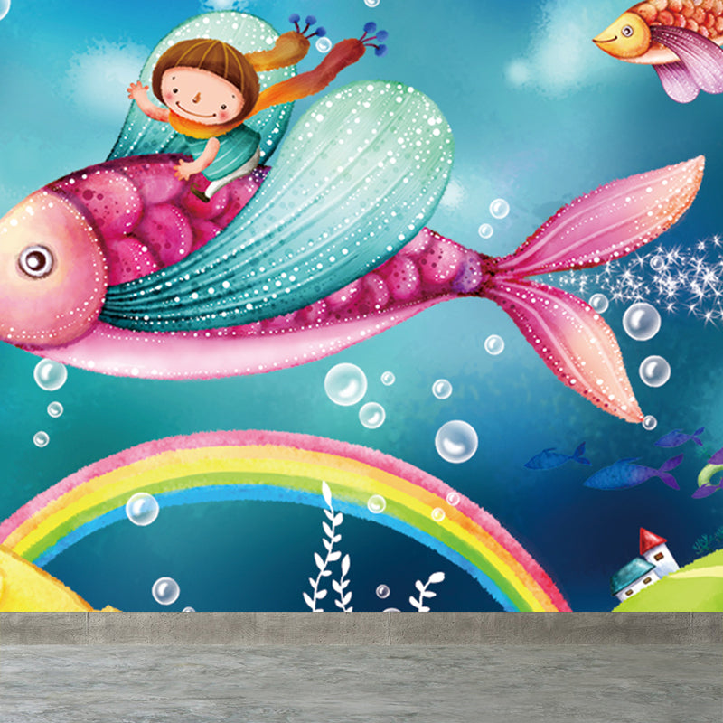 Full Size Sea Life Mural Kids Bedroom Nautical Wall Art in Soft Color, Moisture Resistant Clearhalo 'Wall Decor' 'Wall Mural' 1696324
