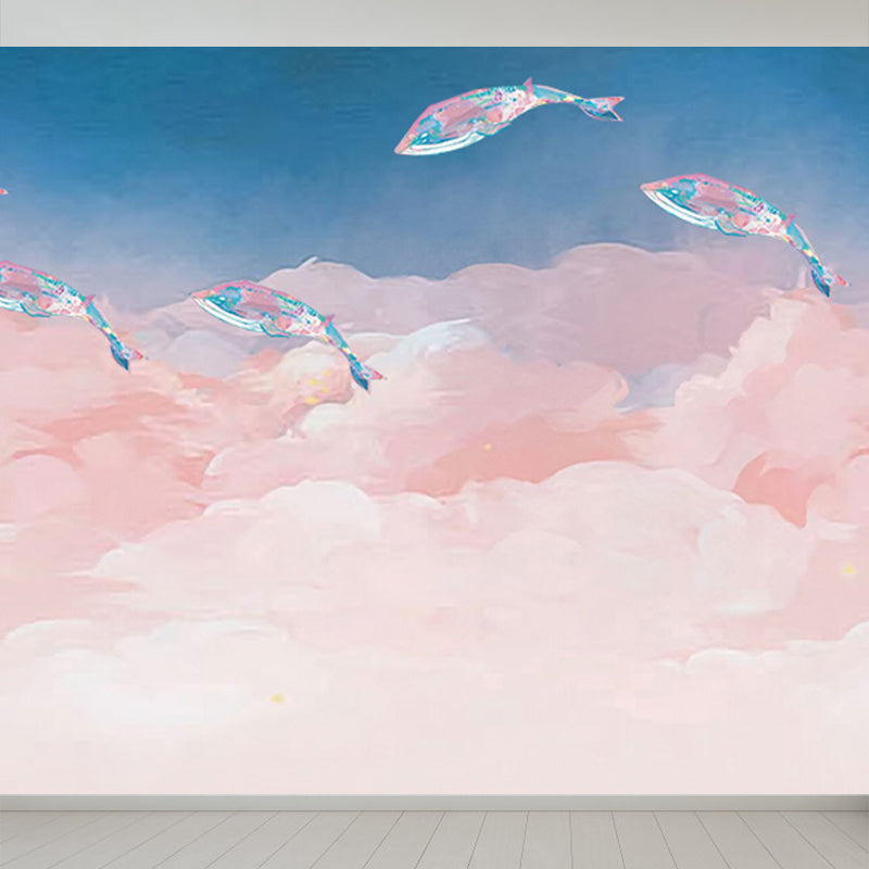 Full Size Sea Life Mural Kids Bedroom Nautical Wall Art in Soft Color, Moisture Resistant Pink Clearhalo 'Wall Decor' 'Wall Mural' 1696327