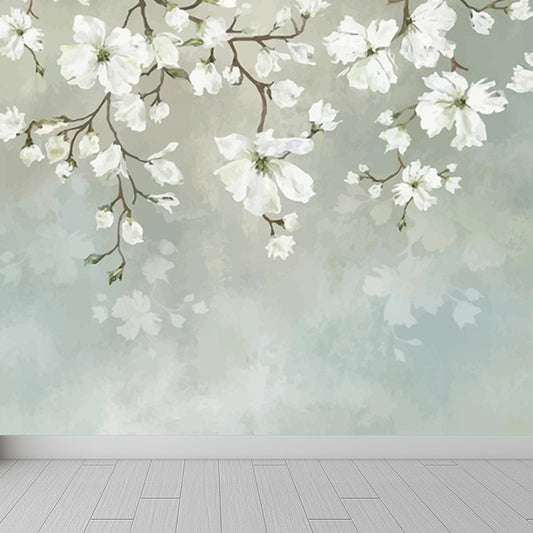 White Blossoming Flower Wallpaper Mural Moisture Resistant Wall Art on Blue for Home Clearhalo 'Wall Decor' 'Wall Mural' 1696333