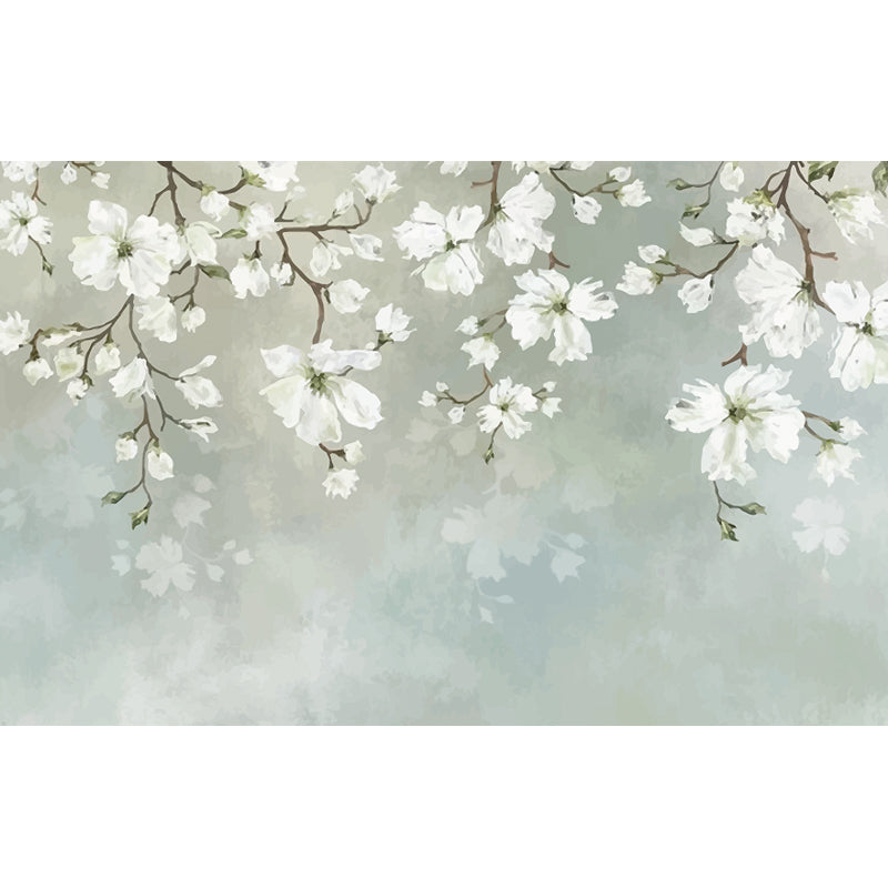 White Blossoming Flower Wallpaper Mural Moisture Resistant Wall Art on Blue for Home Clearhalo 'Wall Decor' 'Wall Mural' 1696335