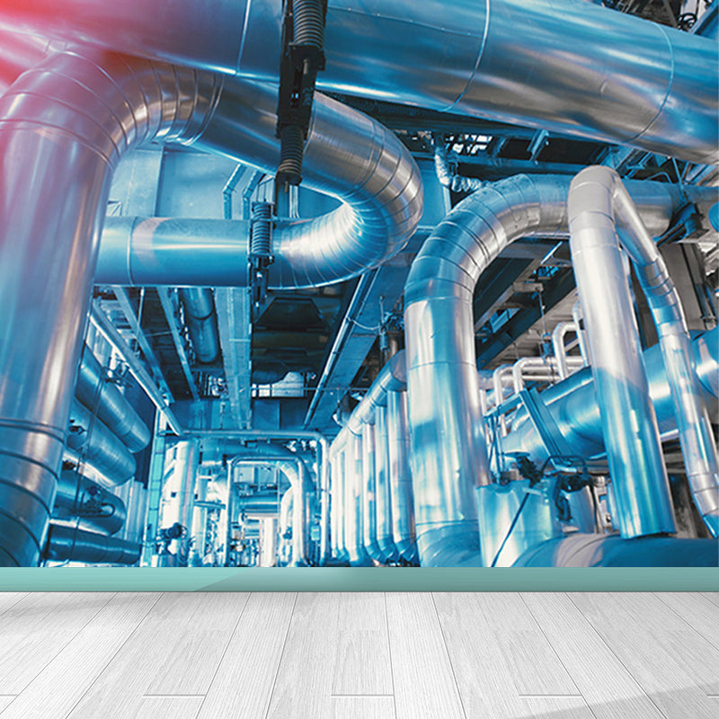 Blue Machinery View Mural Wallpaper Metal Industrial Stain Resistant Wall Covering Clearhalo 'Wall Decor' 'Wall Mural' 1696383