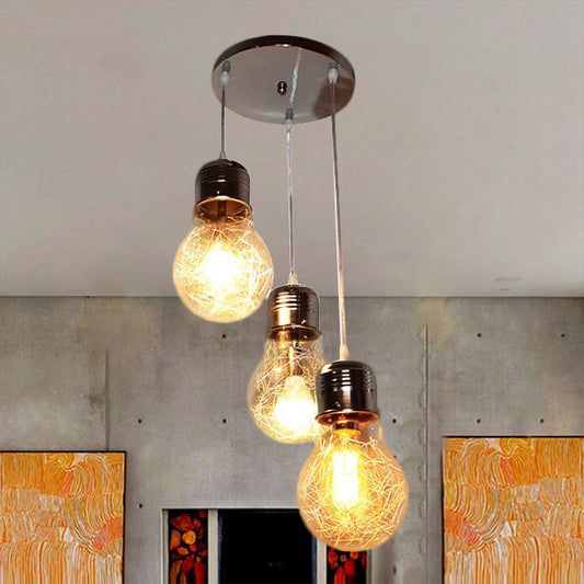 3 Lights Bulb Shade Pendant Lighting with Round Canopy Rustic Style Clear Glass Hanging Light in Silver/Gold Clearhalo 'Ceiling Lights' 'Glass shade' 'Glass' 'Industrial Pendants' 'Industrial' 'Middle Century Pendants' 'Pendant Lights' 'Pendants' 'Tiffany' Lighting' 16963