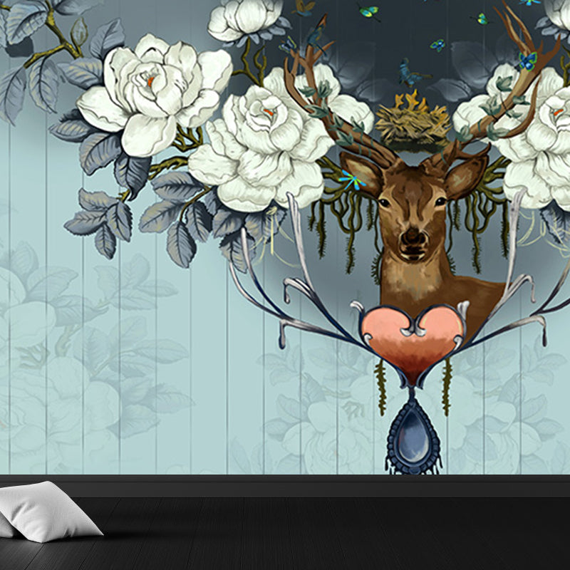 Home Decor Reindeer Mural Decal Customized Contemporary Wall Covering for Kitchen Blue Clearhalo 'Wall Decor' 'Wall Mural' 1696432