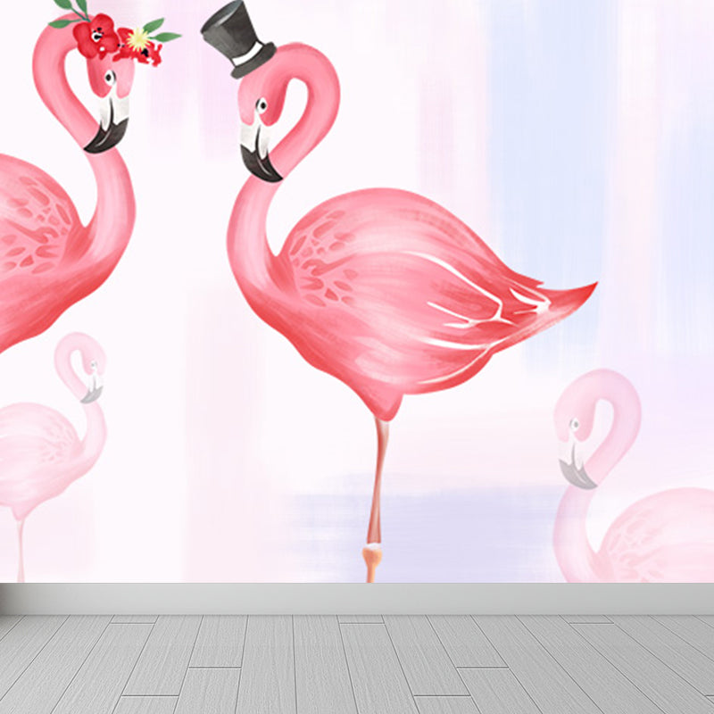 Flamingo Wall Mural Decal Pastel Color Cartoon Wall Decor for Girls Bedroom, Waterproof Clearhalo 'Wall Decor' 'Wall Mural' 1696448