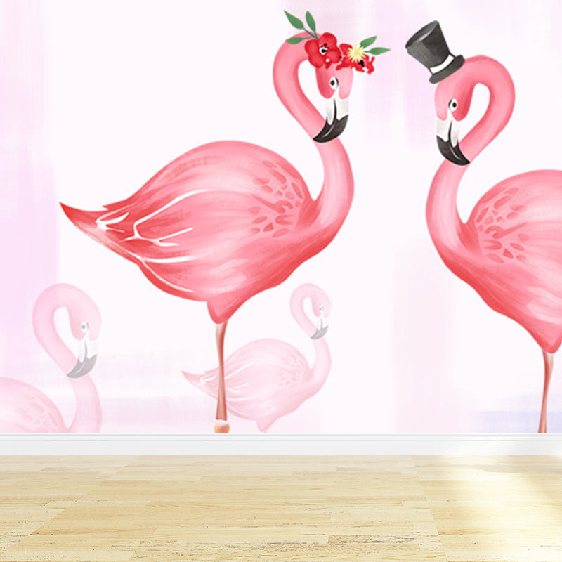 Flamingo Wall Mural Decal Pastel Color Cartoon Wall Decor for Girls Bedroom, Waterproof Clearhalo 'Wall Decor' 'Wall Mural' 1696449