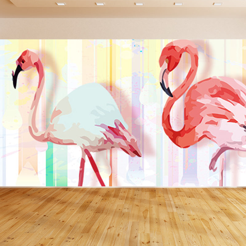 Flamingo Wall Mural Decal Pastel Color Cartoon Wall Decor for Girls Bedroom, Waterproof Clearhalo 'Wall Decor' 'Wall Mural' 1696458