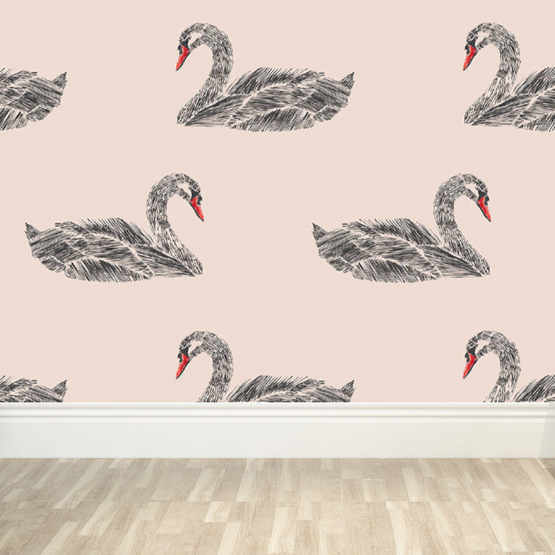 Pink Swan Pattern Mural Wallpaper Waterproofing Modern Interior Room Wall Covering Clearhalo 'Wall Decor' 'Wall Mural' 1696493