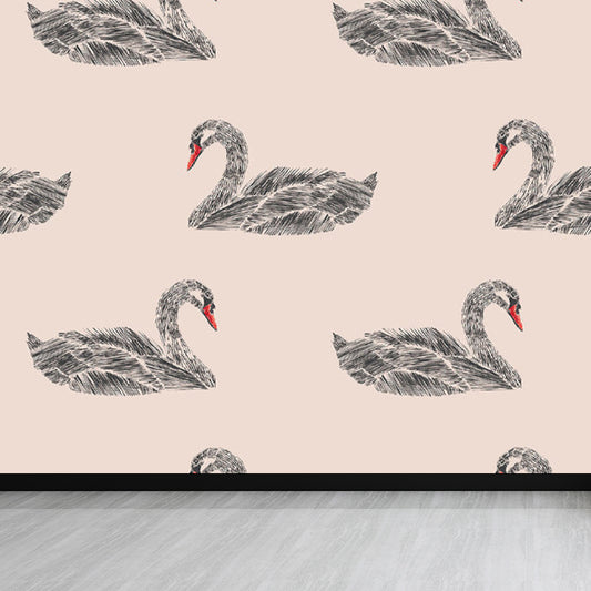 Pink Swan Pattern Mural Wallpaper Waterproofing Modern Interior Room Wall Covering Clearhalo 'Wall Decor' 'Wall Mural' 1696494