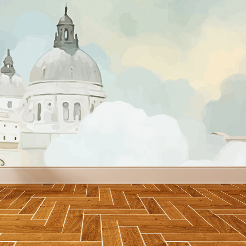 Whole Houses Drawing Mural Childrens Art Cute Architecture Wall Covering in Pastel Color White Clearhalo 'Wall Decor' 'Wall Mural' 1696536