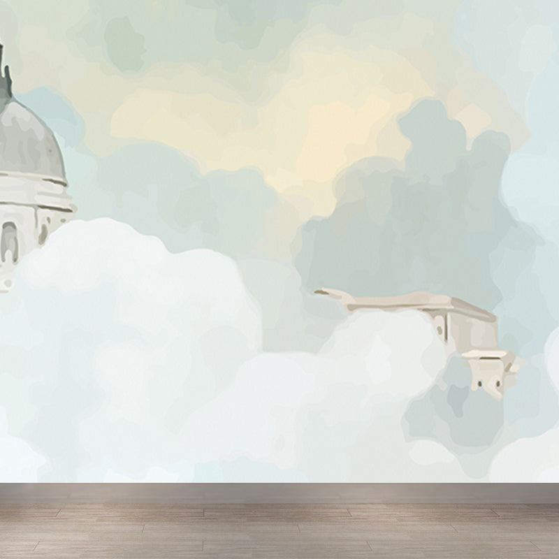 Whole Houses Drawing Mural Childrens Art Cute Architecture Wall Covering in Pastel Color Clearhalo 'Wall Decor' 'Wall Mural' 1696537