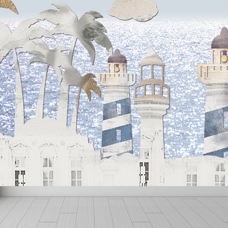 Whole Houses Drawing Mural Childrens Art Cute Architecture Wall Covering in Pastel Color Grey Clearhalo 'Wall Decor' 'Wall Mural' 1696541